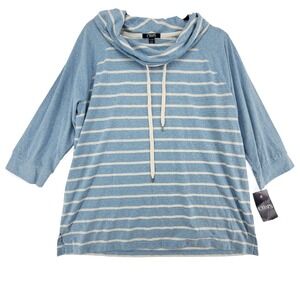Chaps Denim Women's XL Blue‎ Striped Cowl Neck 3/4 Sleeve Pullover Top